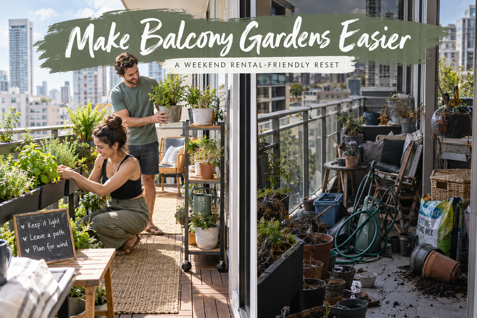 Renter and friend measuring a clear walking path while rearranging herbs and planters on a narrow balcony
