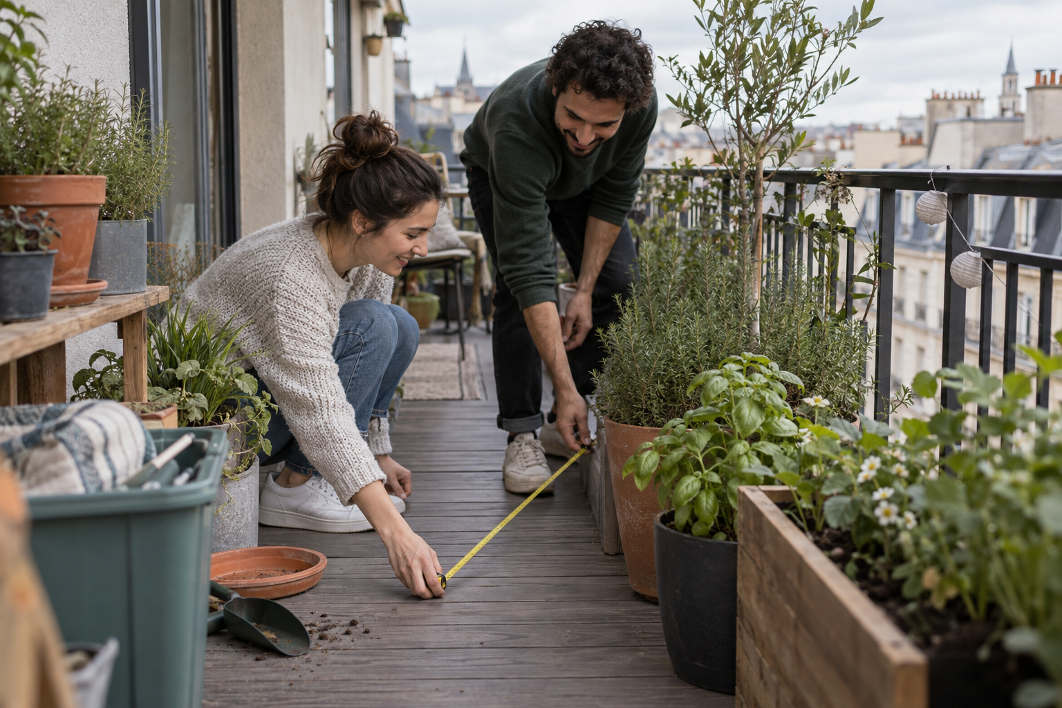 Couple securing a tomato support and checking saucers beneath planters on a calm high-rise balcony after a reset