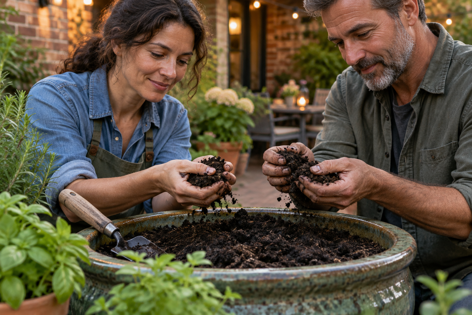 Parent and child layering dry leaves over vegetable scraps in a compact backyard compost bin beside raised beds