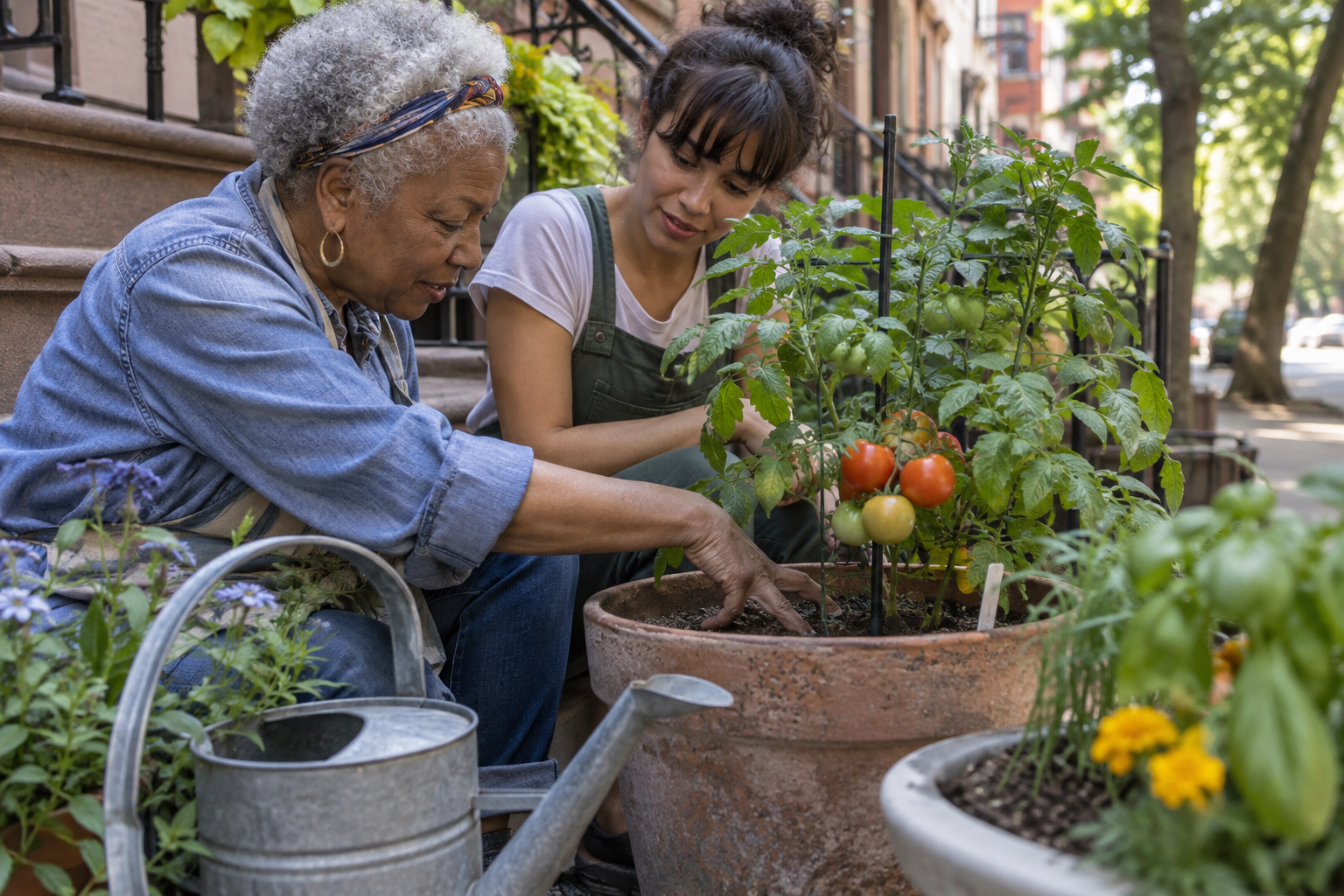 Two neighbors crumble dark finished compost into a planter while checking its texture on a shared patio